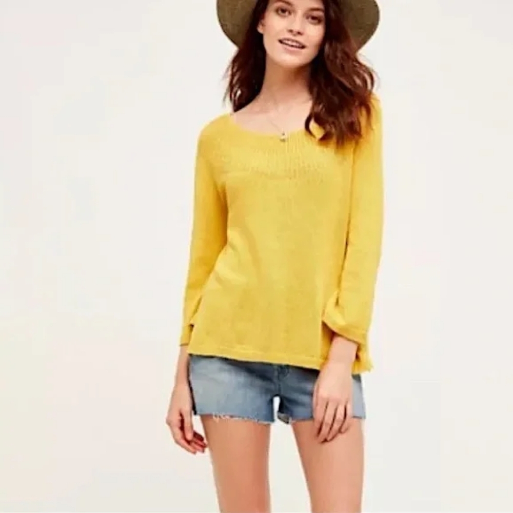 Anthropologie Moth Mila Mustard Yellow Linen Blend Pullover Sweater Size M
